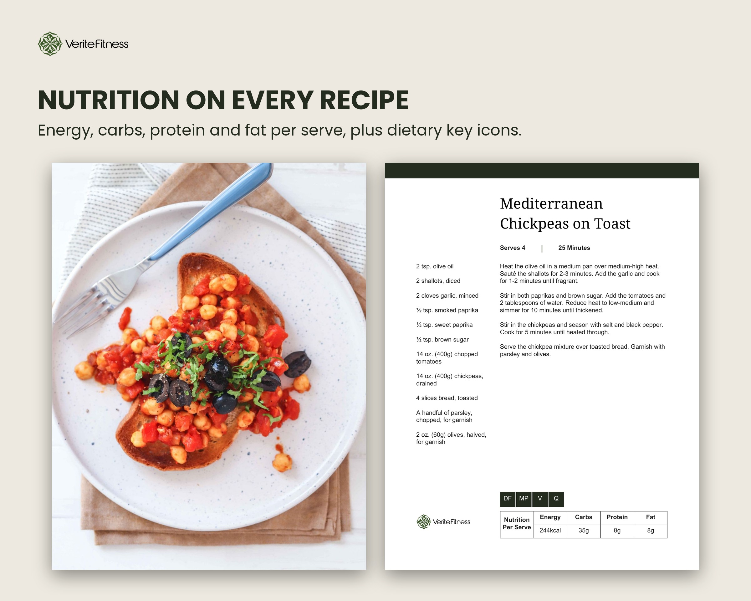 Vegan recipe page showing energy, carbs, protein and fat per serve