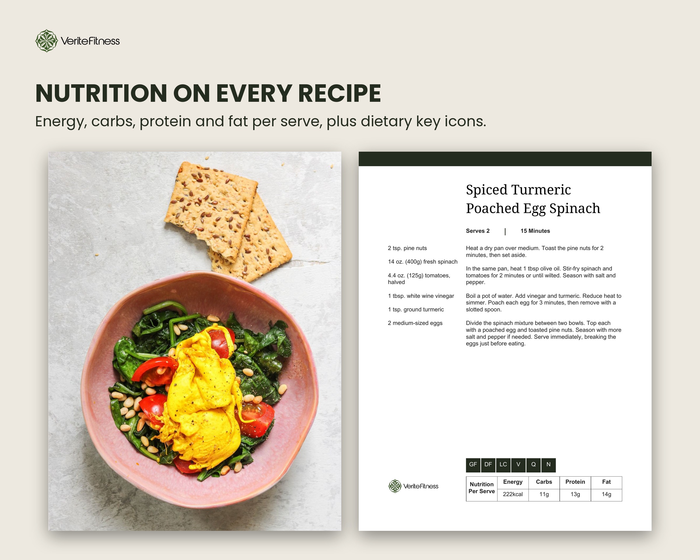 Low carb recipe page showing energy, carbs, protein and fat per serve