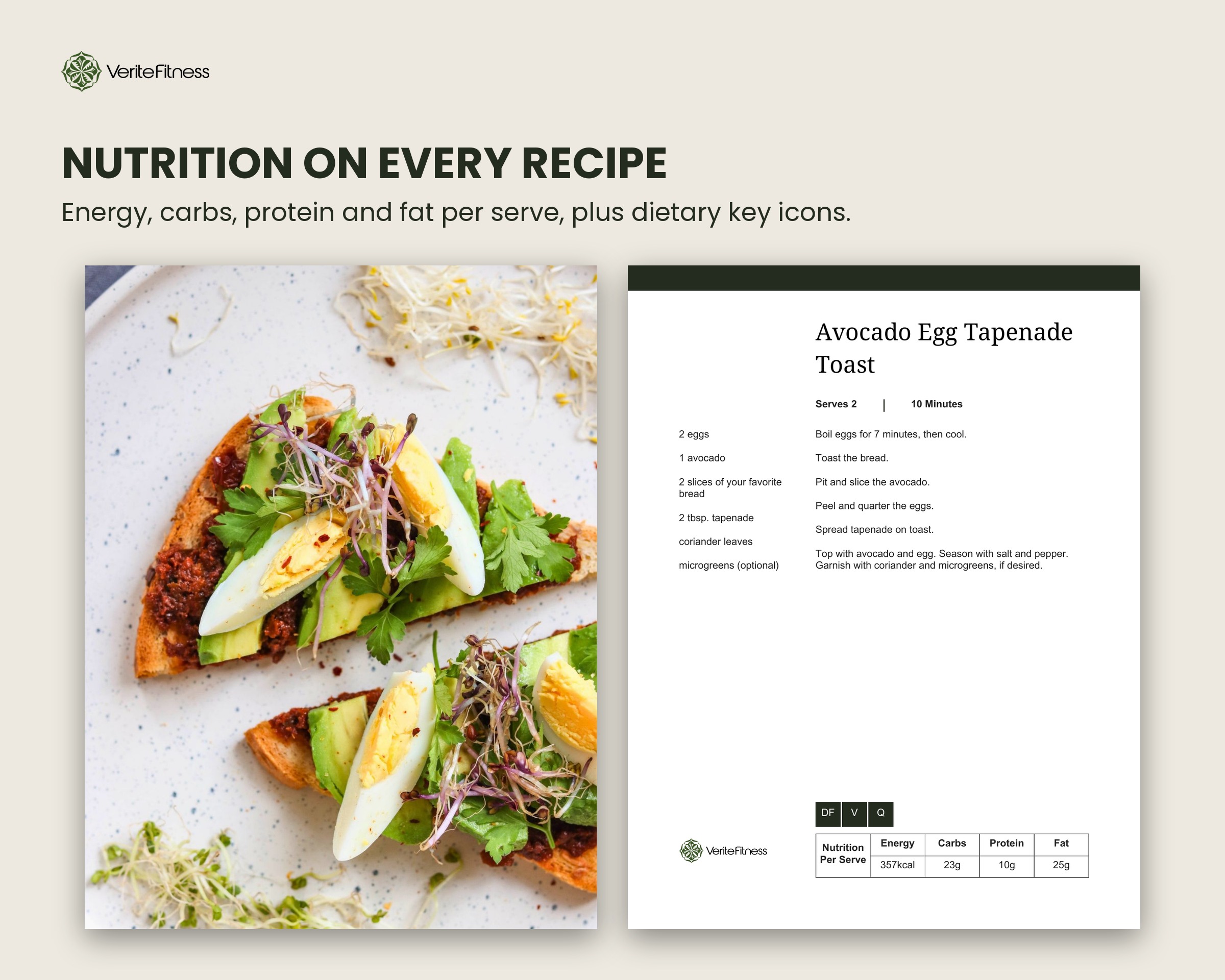Vegetarian recipe page showing energy, carbs, protein and fat per serve