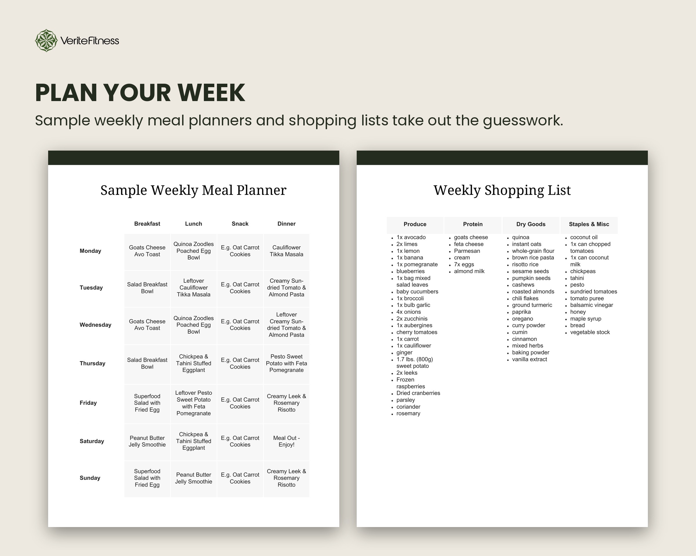 Weekly meal planner and shopping list in the Vegetarian Recipe Pack