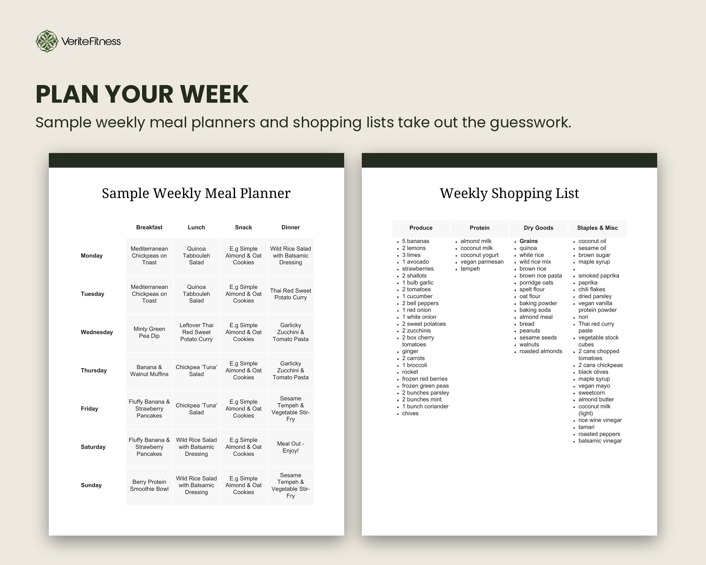 Weekly meal planner and shopping list in the Vegan Recipe Pack