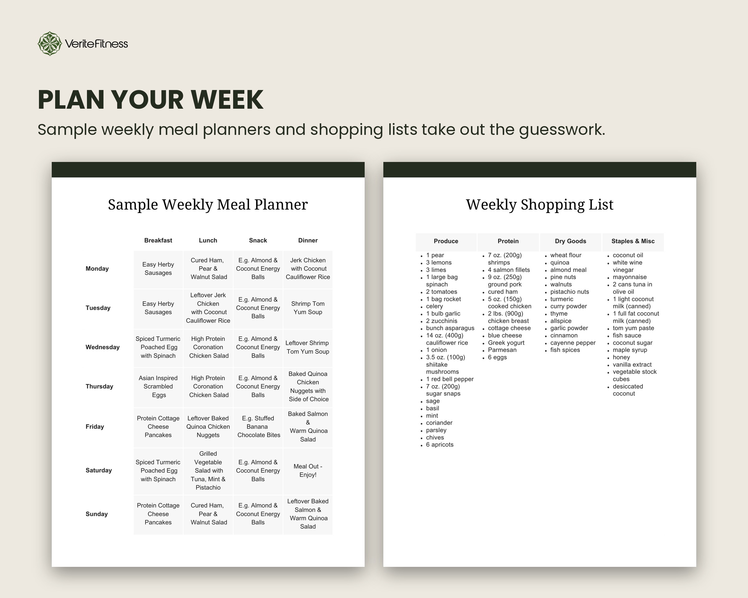 Weekly meal planner and shopping list in the Low-Carb Recipe Pack