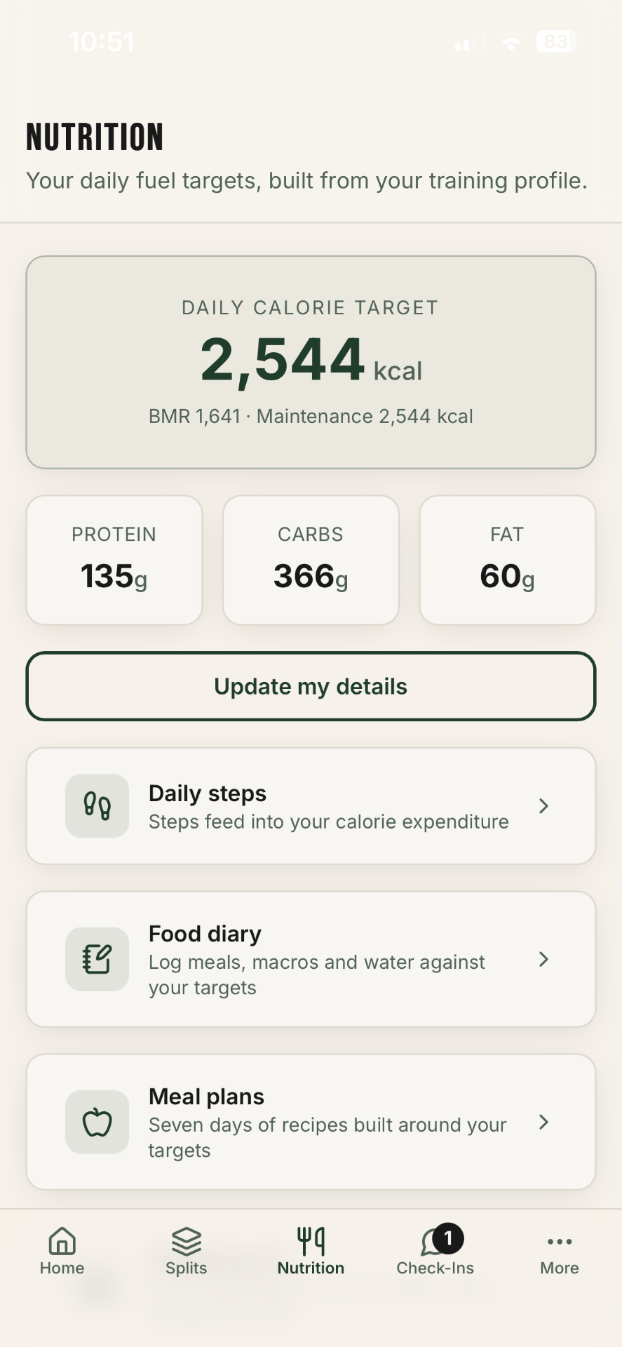 Verite Fitness app nutrition screen showing daily calorie target, macros, food diary and meal plans