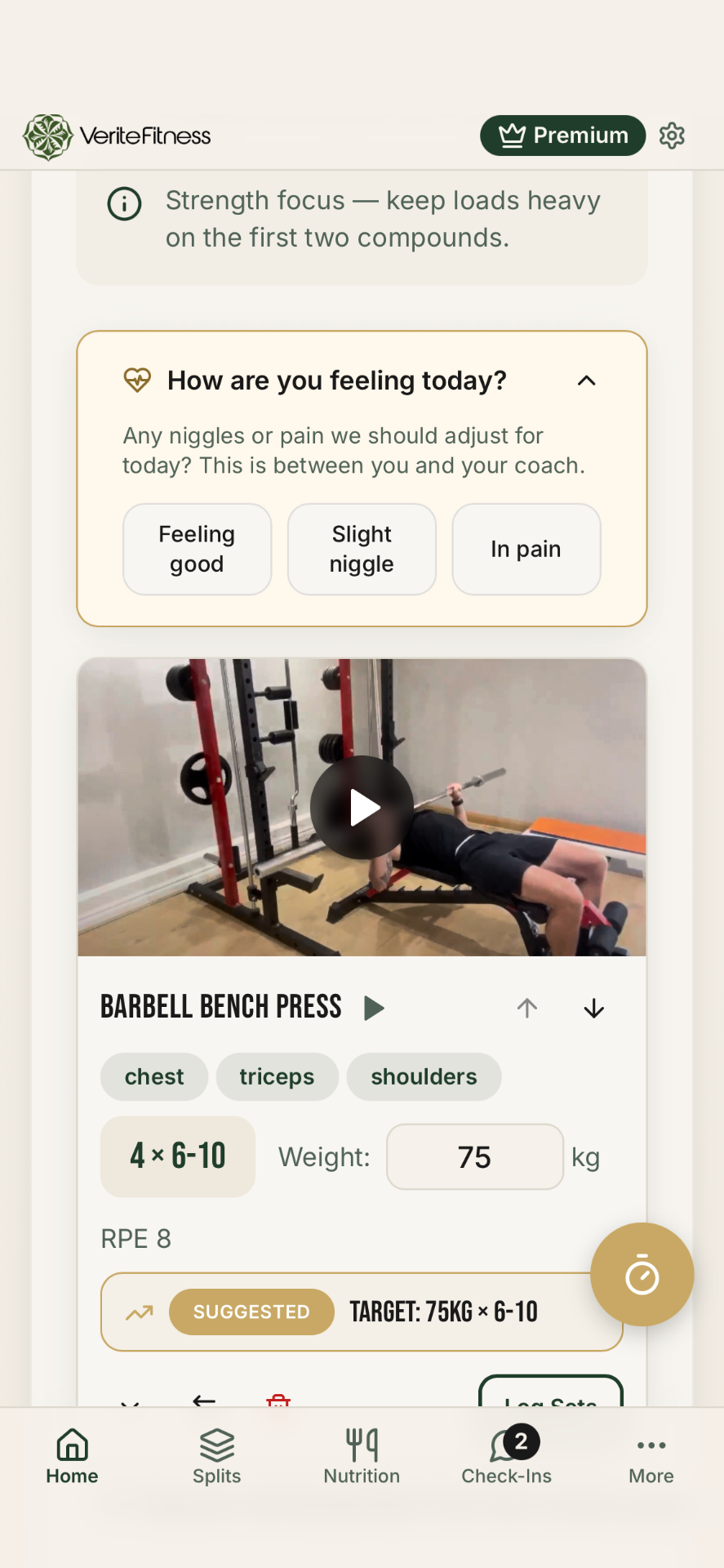 Verite Fitness app workout screen showing today’s session with exercise video, target weight and reps